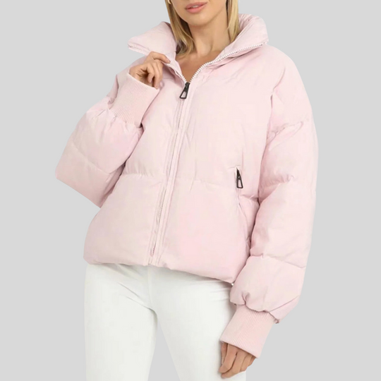 Women's Cropped Puffer Winter Jacket with Ribbed Cuffs
