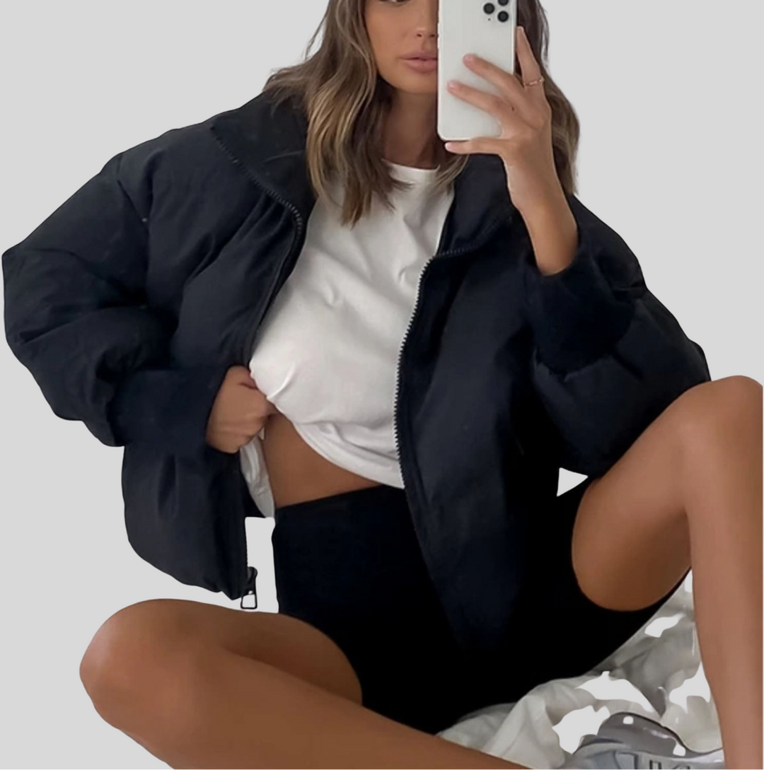 Women's Cropped Puffer Winter Jacket with Ribbed Cuffs