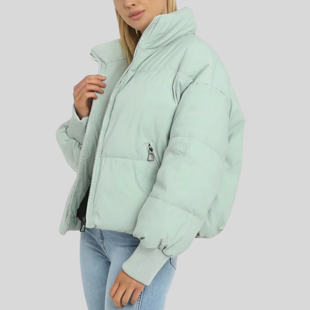 Women's Cropped Puffer Winter Jacket with Ribbed Cuffs