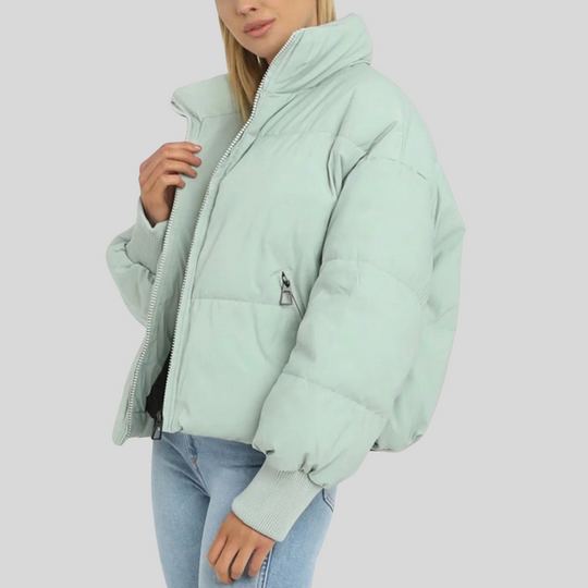 Women's Cropped Puffer Winter Jacket with Ribbed Cuffs