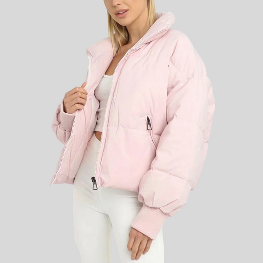 Women's Cropped Puffer Winter Jacket with Ribbed Cuffs