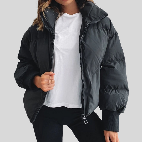 Women's Cropped Puffer Winter Jacket with Ribbed Cuffs