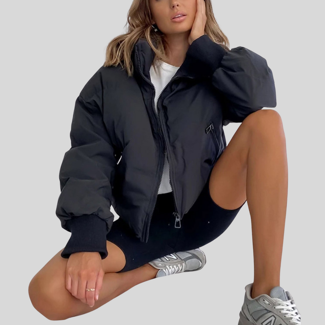 Women's Cropped Puffer Winter Jacket with Ribbed Cuffs