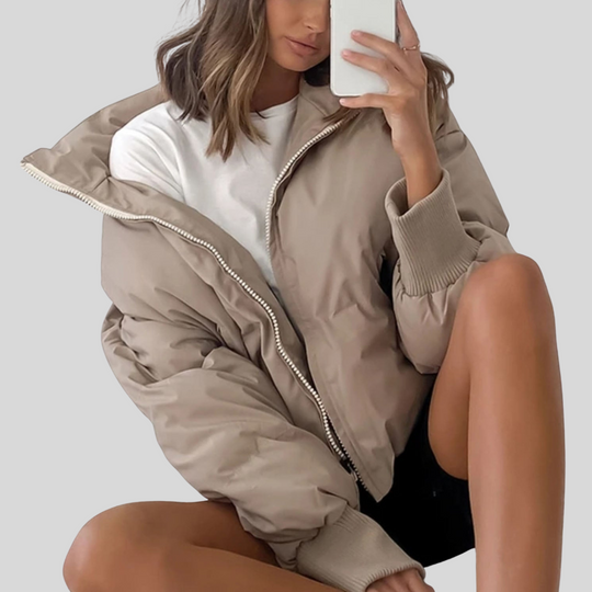 Women's Cropped Puffer Winter Jacket with Ribbed Cuffs