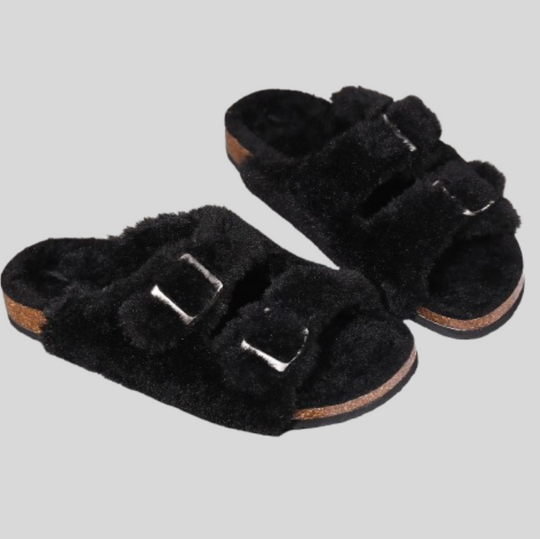 Women's Faux Fur Slippers with Adjustable Buckle