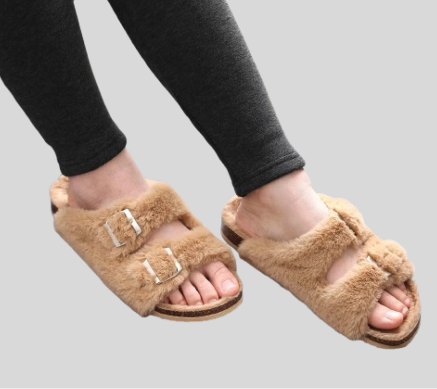 Women's Faux Fur Slippers with Adjustable Buckle