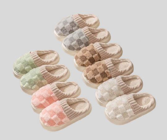 Fluffy Checkered Indoor Slippers for Women