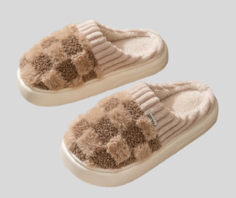 Fluffy Checkered Indoor Slippers for Women