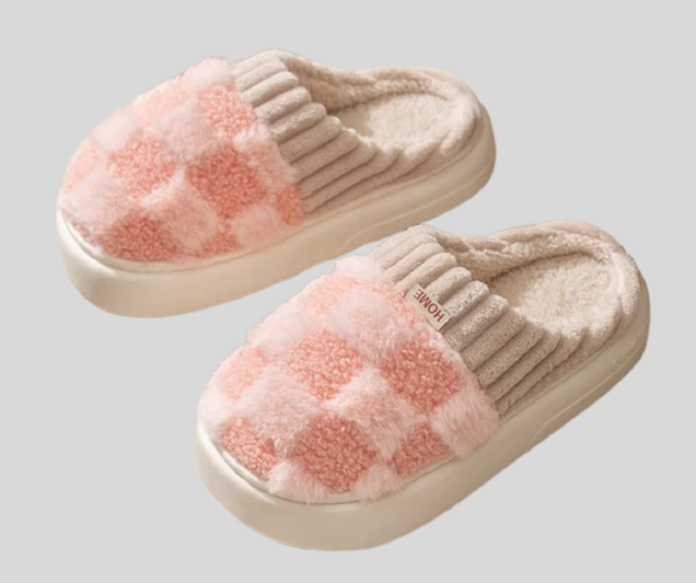 Fluffy Checkered Indoor Slippers for Women
