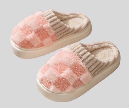 Fluffy Checkered Indoor Slippers for Women