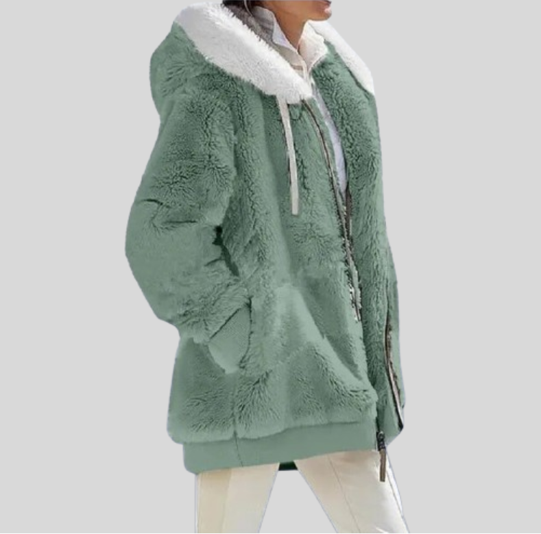 Women's Zip-up Jacket with Fluffy Collar and Hood