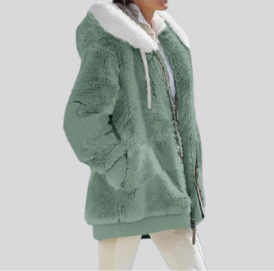 Women's Zip-up Jacket with Fluffy Collar and Hood