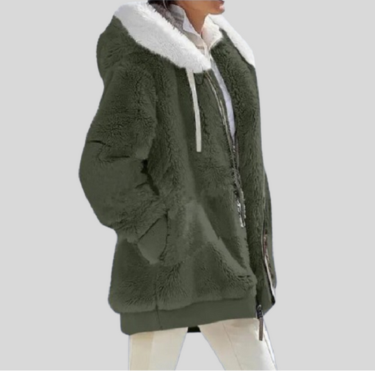 Women's Zip-up Jacket with Fluffy Collar and Hood