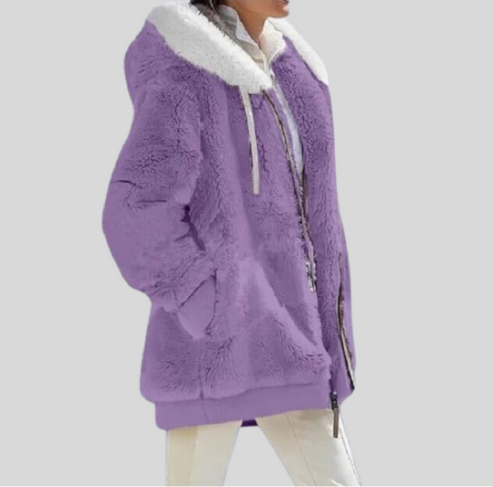 Women's Zip-up Jacket with Fluffy Collar and Hood