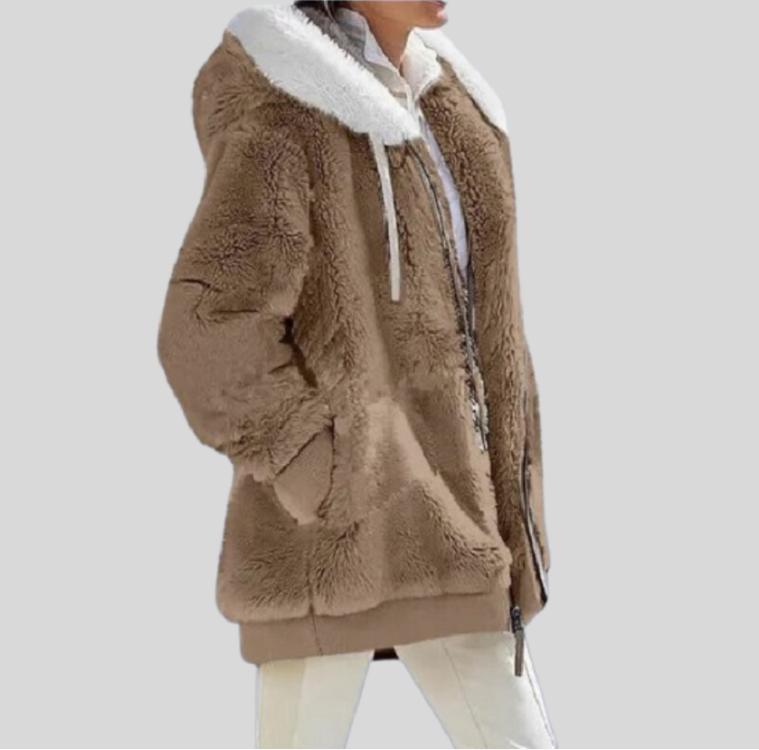 Women's Zip-up Jacket with Fluffy Collar and Hood