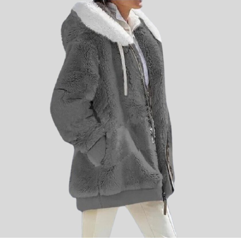 Women's Zip-up Jacket with Fluffy Collar and Hood