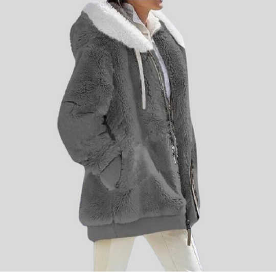 Women's Zip-up Jacket with Fluffy Collar and Hood