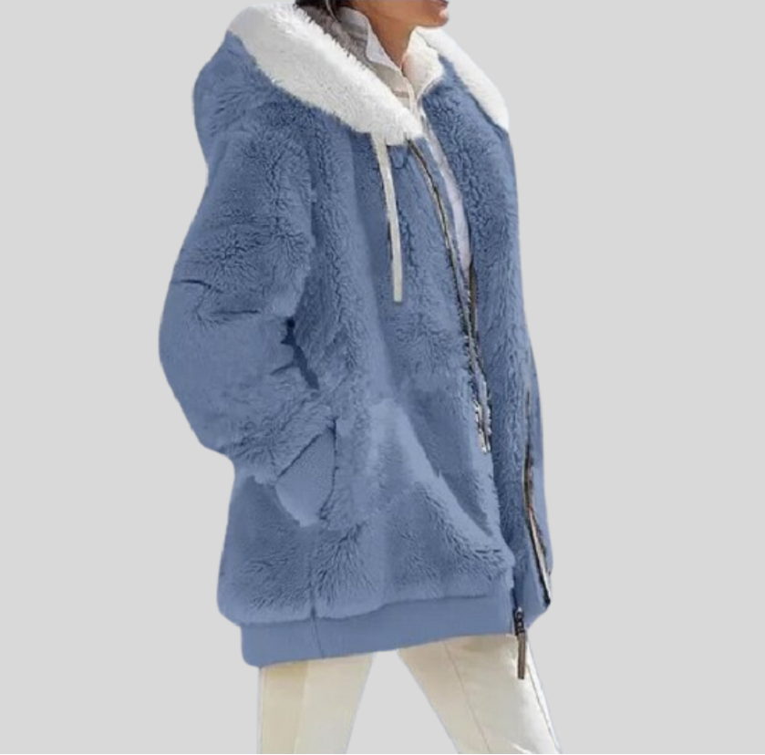 Women's Zip-up Jacket with Fluffy Collar and Hood