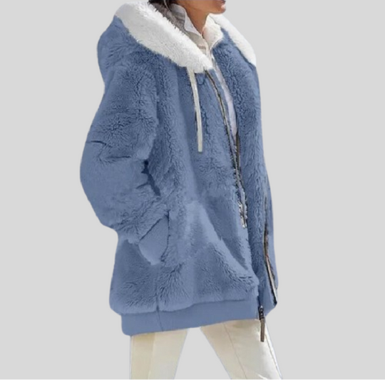 Women's Zip-up Jacket with Fluffy Collar and Hood