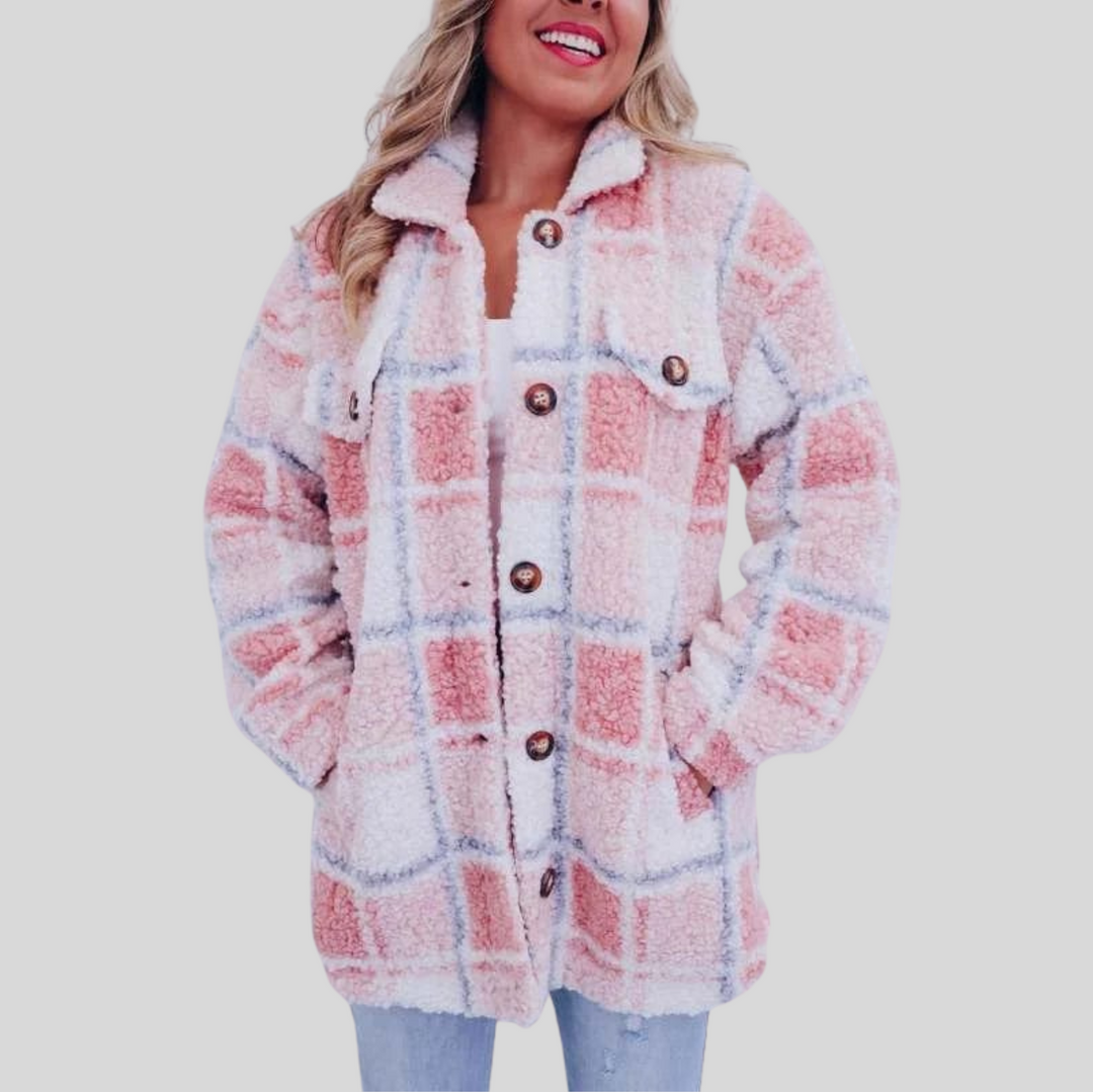 Women's Plush Plaid Button-Up Coat with Collar