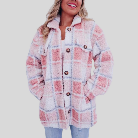 Women's Plush Plaid Button-Up Coat with Collar