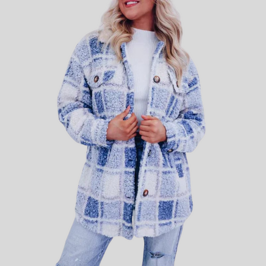 Women's Plush Plaid Button-Up Coat with Collar