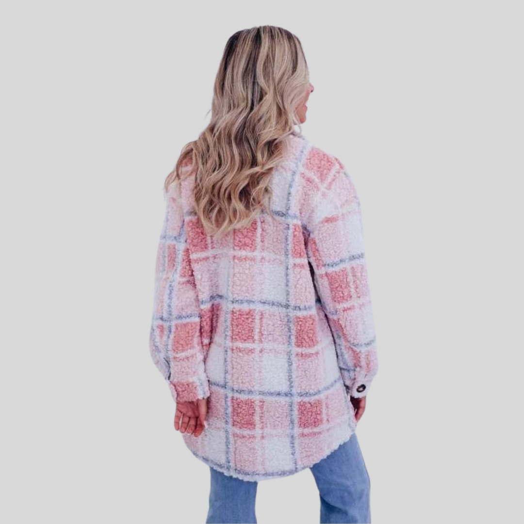 Women's Plush Plaid Button-Up Coat with Collar