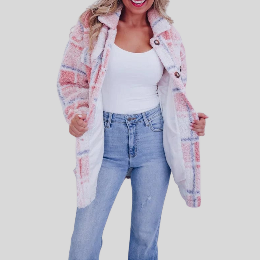 Women's Plush Plaid Button-Up Coat with Collar