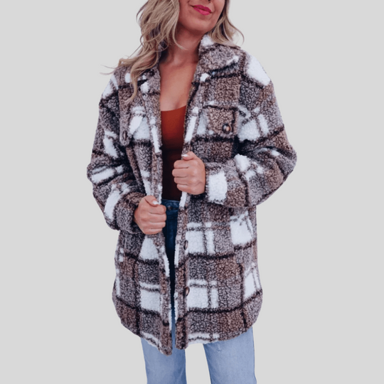 Women's Plush Plaid Button-Up Coat with Collar