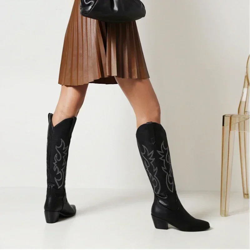 Women's Knee-High Pointed Toe Boots - Western Cowboy Style