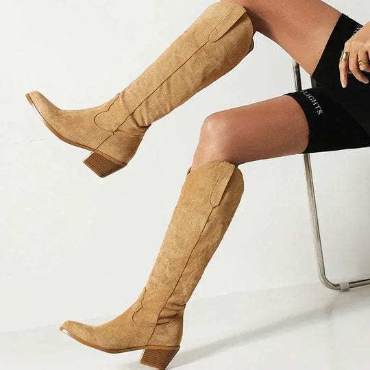 Women's Knee-High Pointed Toe Boots - Western Cowboy Style