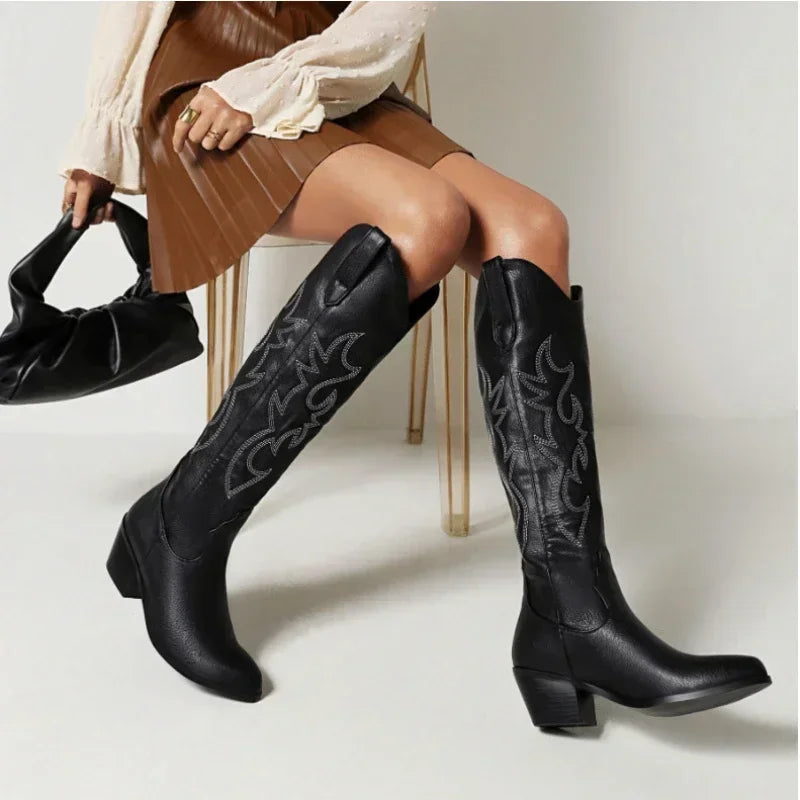 Women's Knee-High Pointed Toe Boots - Western Cowboy Style