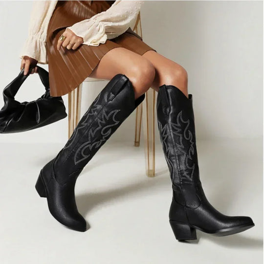 Women's Knee-High Pointed Toe Boots - Western Cowboy Style