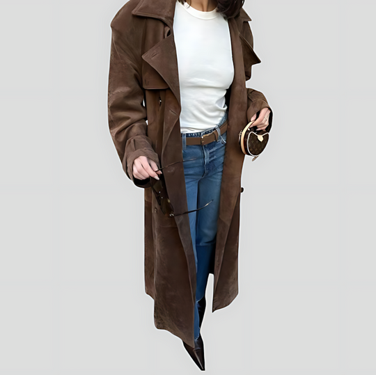 Women's Suede Trench Coat with Belt