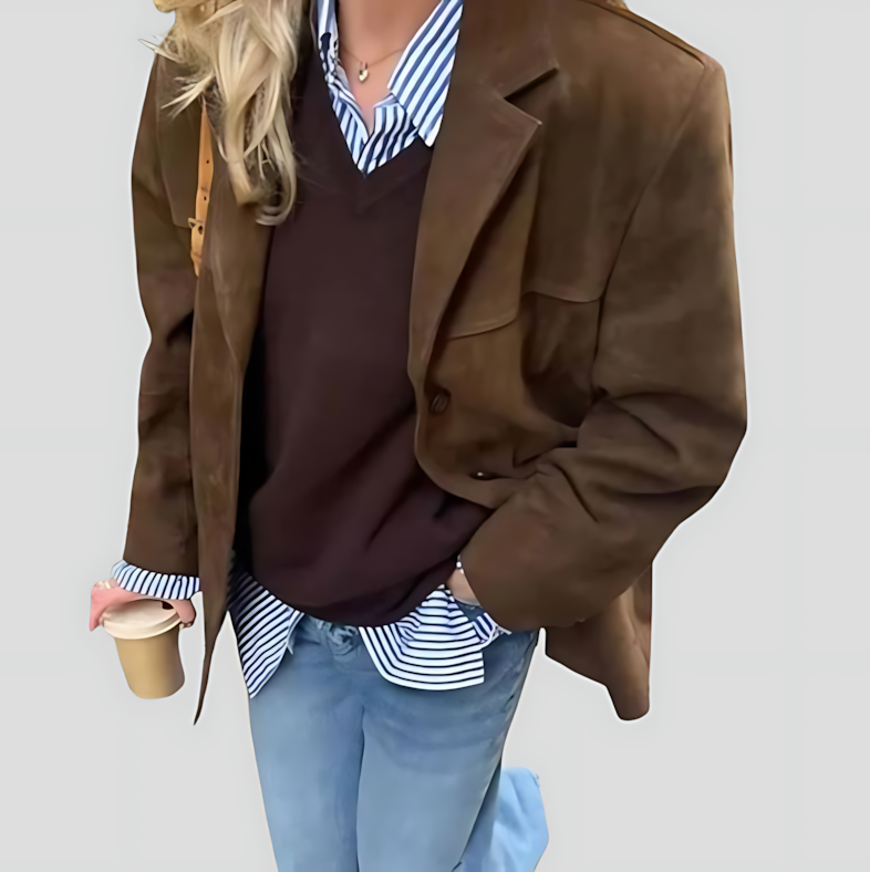 Women's Vintage Suede Blazer with Lapel Collar