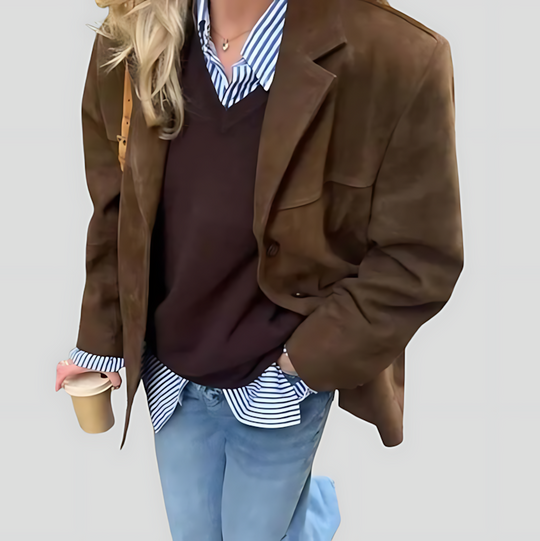 Women's Vintage Suede Blazer with Lapel Collar