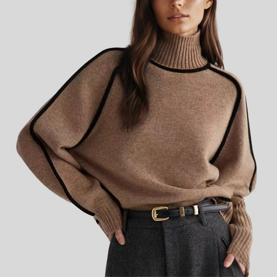 Women's Oversized Turtleneck Sweater with Black Trim