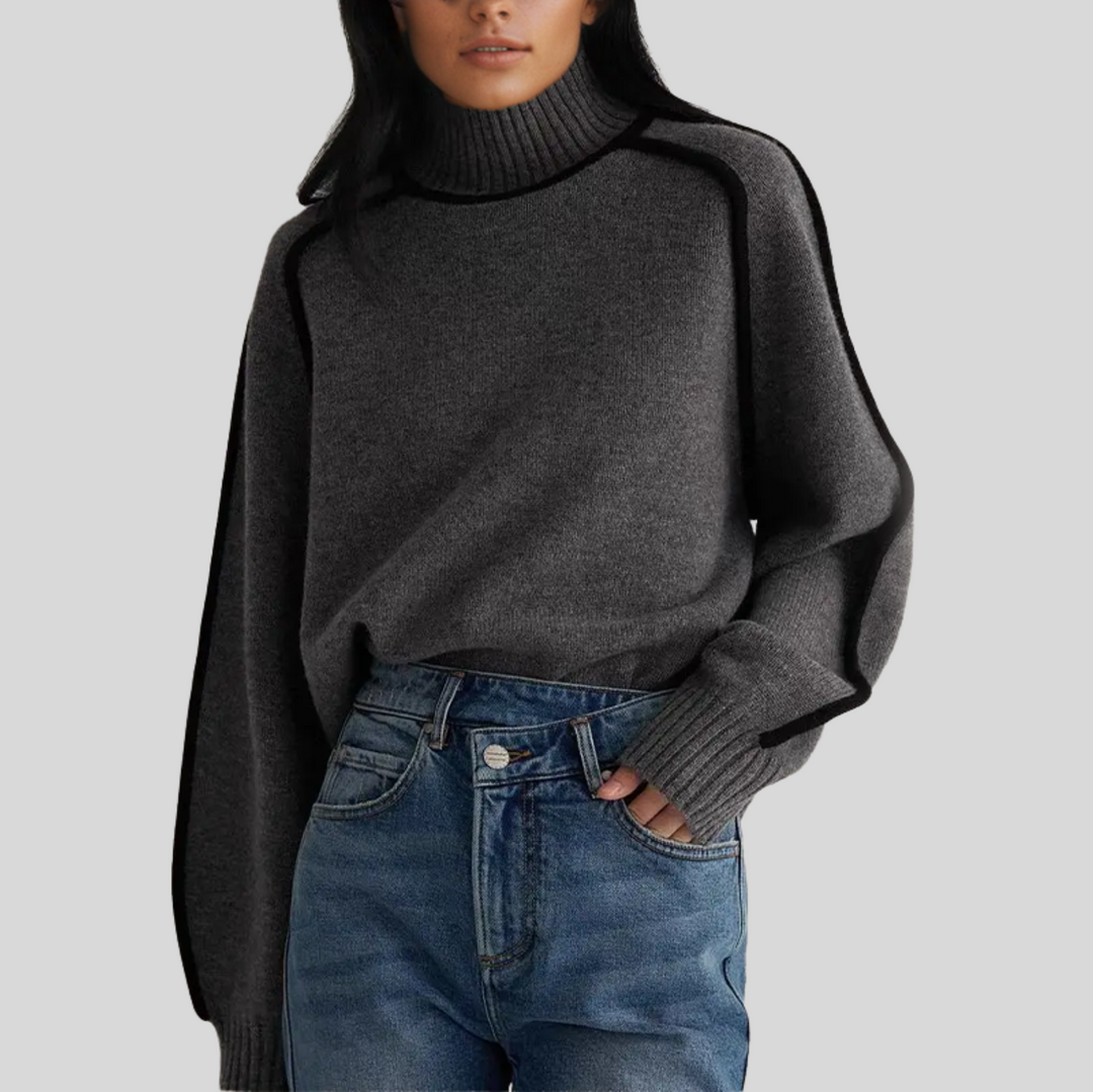 Women's Oversized Turtleneck Sweater with Black Trim