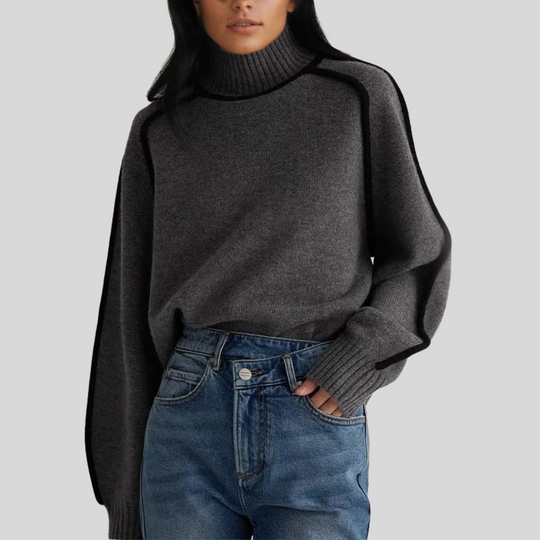 Women's Oversized Turtleneck Sweater with Black Trim