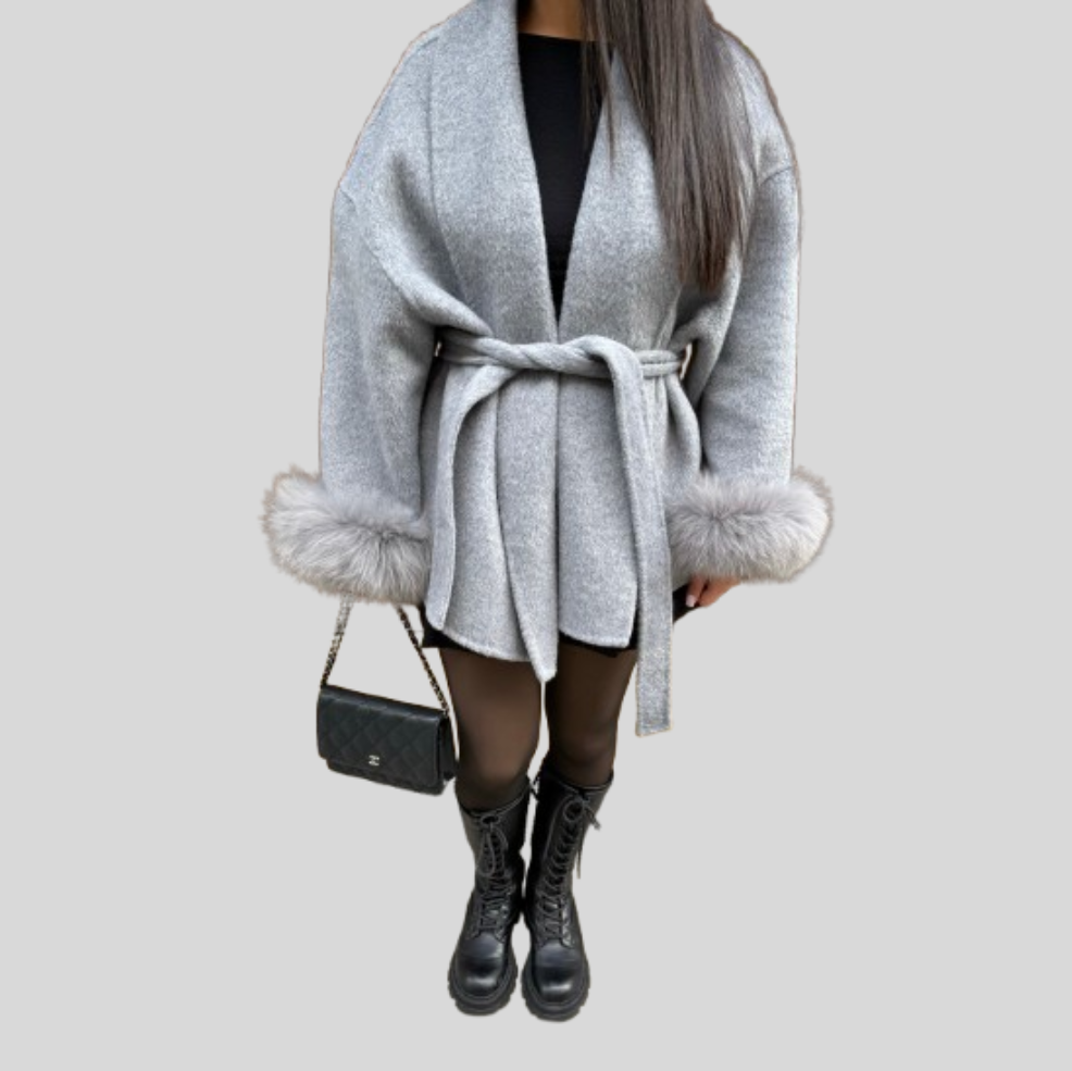 Women's Wrap Coat with Fluffy Trim Sleeves