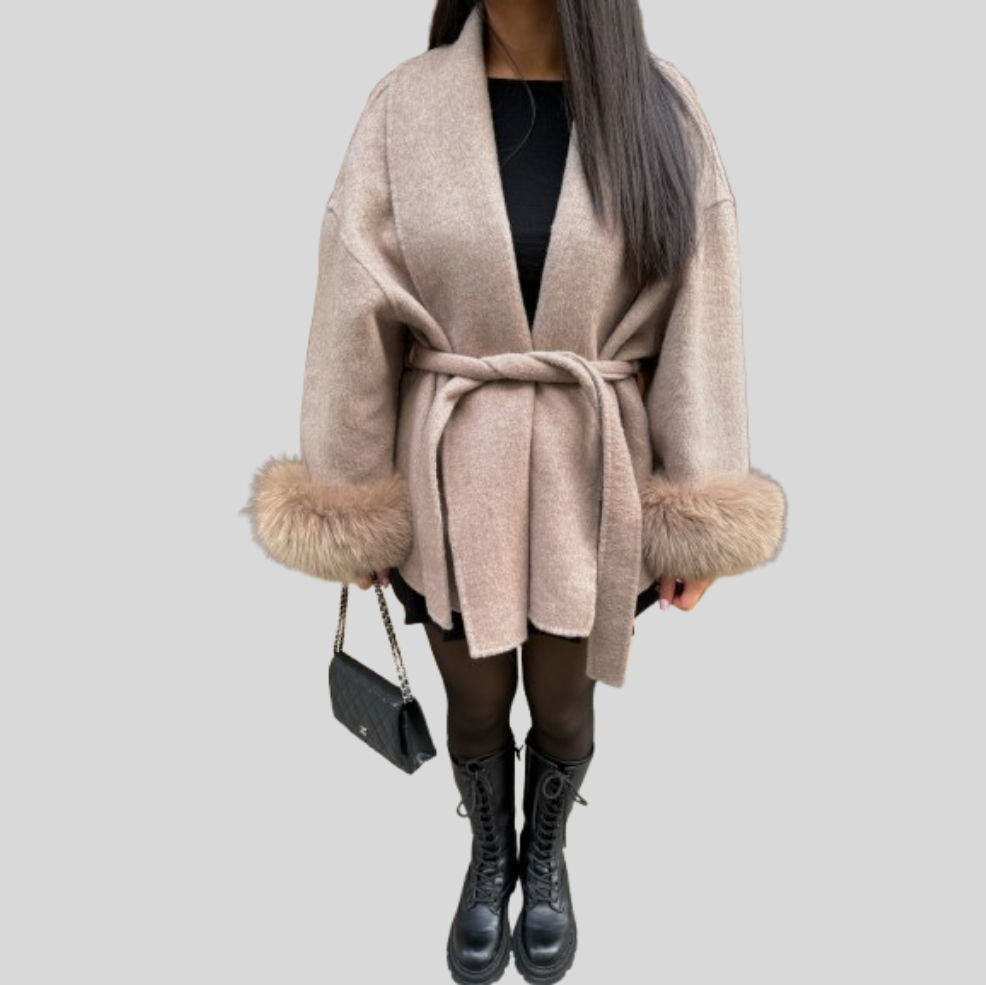 Women's Wrap Coat with Fluffy Trim Sleeves