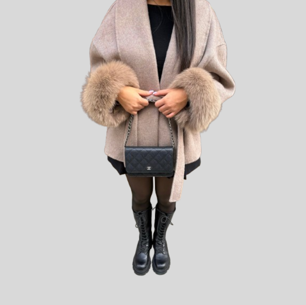 Women's Wrap Coat with Fluffy Trim Sleeves