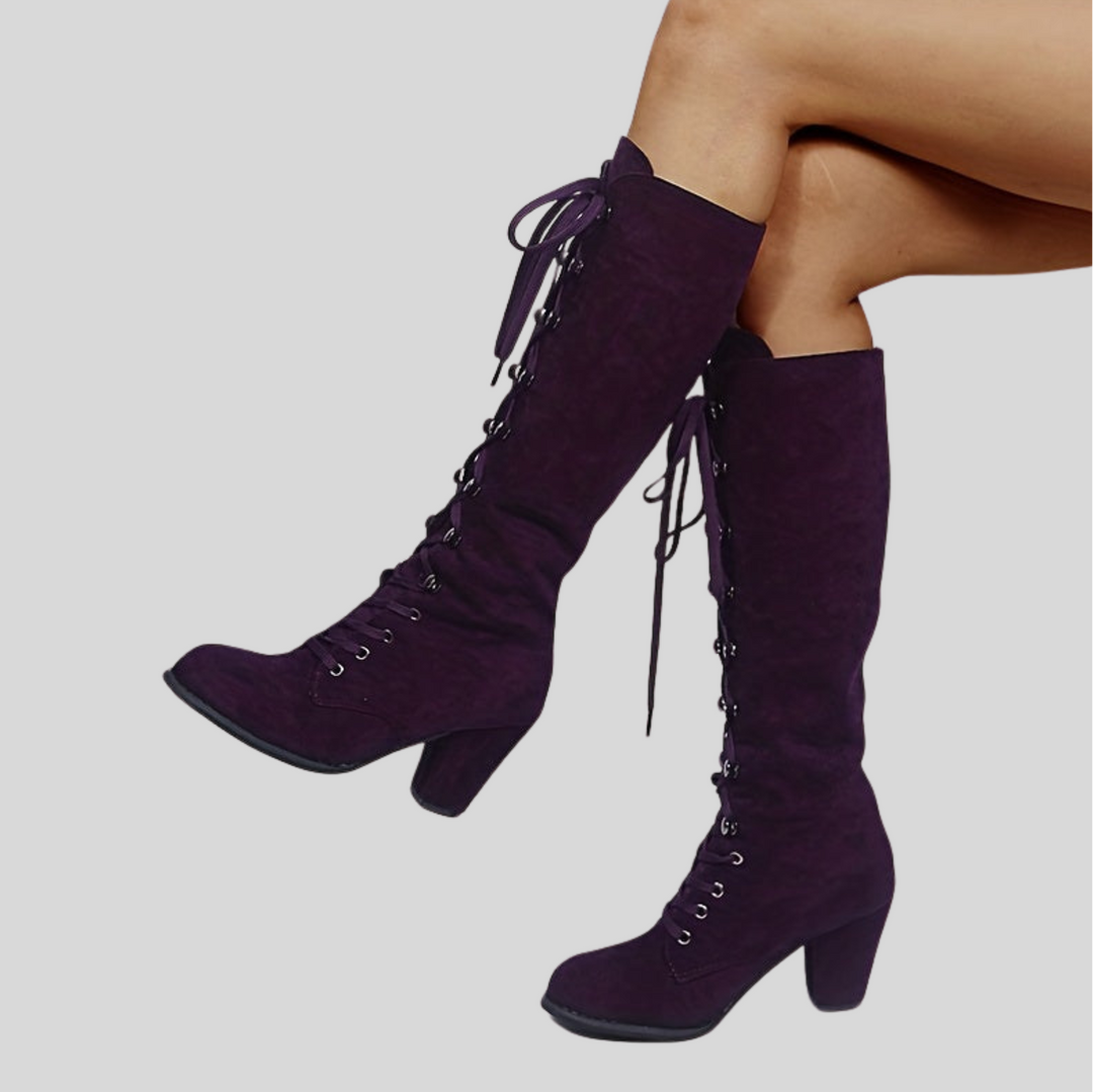 Women's Lace-Up Knee High Boots with Chunky Heel