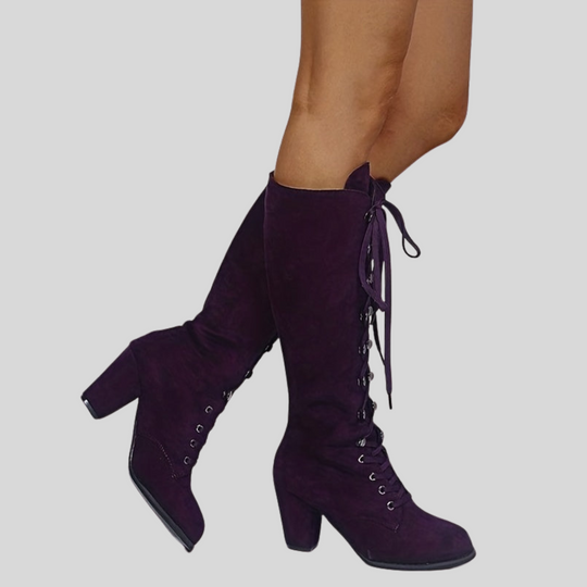 Women's Lace-Up Knee High Boots with Chunky Heel