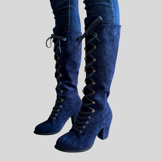 Women's Lace-Up Knee High Boots with Chunky Heel