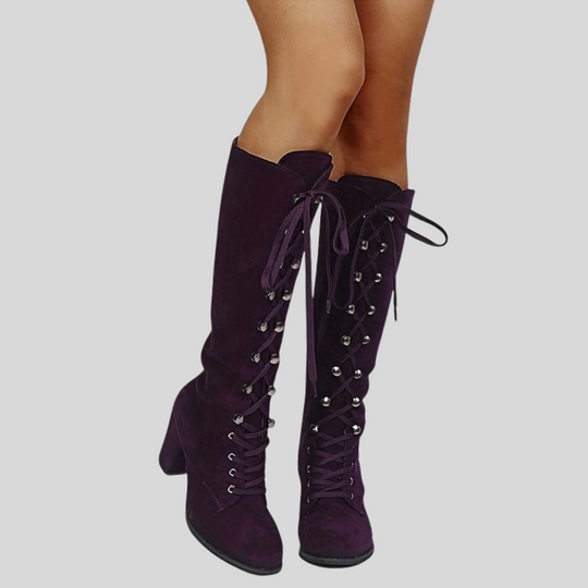 Women's Lace-Up Knee High Boots with Chunky Heel