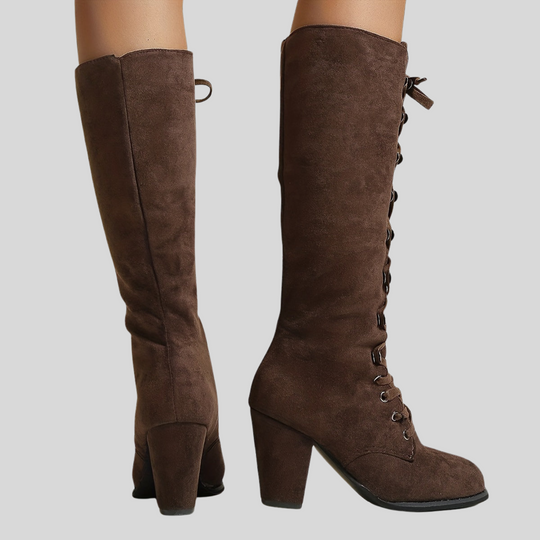 Women's Lace-Up Knee High Boots with Chunky Heel
