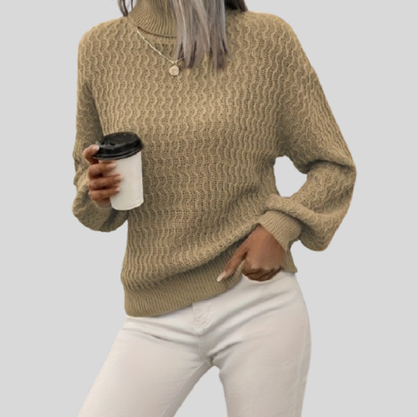 Women's Turtleneck Knit Sweater with Wave Pattern