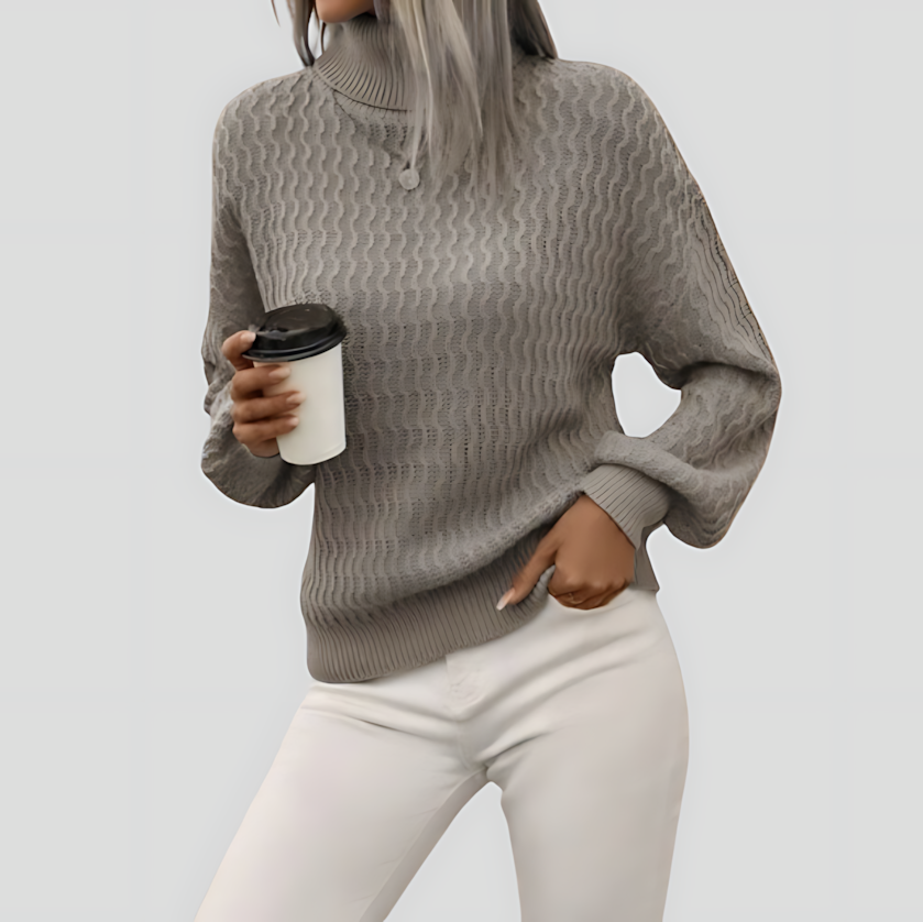 Women's Turtleneck Knit Sweater with Wave Pattern