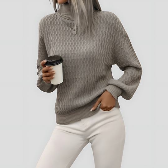 Women's Turtleneck Knit Sweater with Wave Pattern
